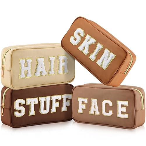 Cunno 4 Pcs Preppy Makeup Bags Chenille Letter Stuff Bag Nylon Cosmetic Pouch Cases with Zipper for Women Travel Toiletry - Brown Set