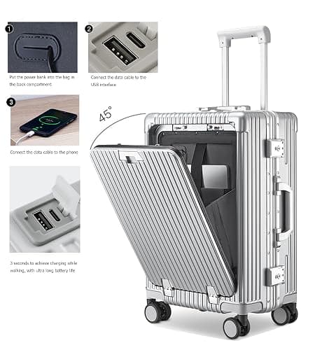 feilario 20in Aluminium Frame PC Hard Shell Spinner Wheels Luggage, Built-In TSA lock Carry on Suitcase, with Cup Holder, USB Port, Phone Holder thumbnail 5