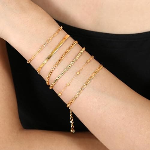 Lcuasc Gold Bracelets for Women Waterproof, 14K Real Gold Jewelry Sets for Women Trendy Thin Dainty Stackable Cuban Link Paperclip Chain Bracelet Pack Fashion Accessories Gifts for Womens thumbnail 2