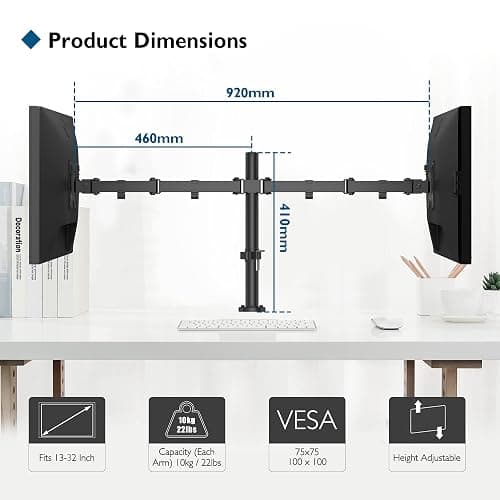 BONTEC PC 2 Monitor Stand for 13-32 Inch Monitors, Height Adjustable PC Monitor Arm, Tilt, Rotatable and Swivel, Maximum Load of 10 kg per arm, 2 Mounting Options, VESA 75/100 thumbnail 2