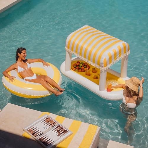 Giant Floating Yellow Cabana Stripe Drink Station, Removable Fabric Shade with Fringe, Perfect for Parties, Table-Top Decorations and in-Pool Refreshments. thumbnail 7