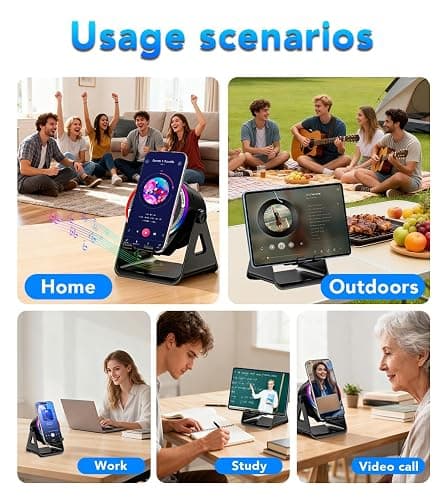 NIIFAWH Bluetooth Speaker, 4-in-1 Wireless Induction Speaker & RGB Light Stand Multi-Functional Phone Stand Instant-Connect Stereo Sound, 360° Adjustable Holder for iPhone/Android/iPad/Samsung (Black) thumbnail 7