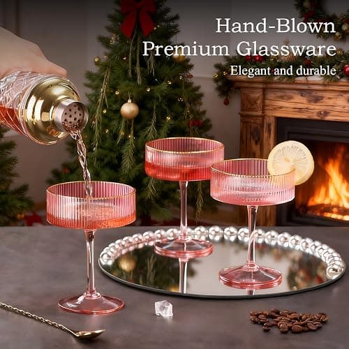 comfit Pink Martini Glasses Set of 4 with Golden Rim,10Oz Ribbed Colored Cocktail Glassware,Vintage Pink Couple Glasses, Elegant Bar Glassware for Martinis,Champagne,Wine（Gold Mixing Spoon Included） thumbnail 3