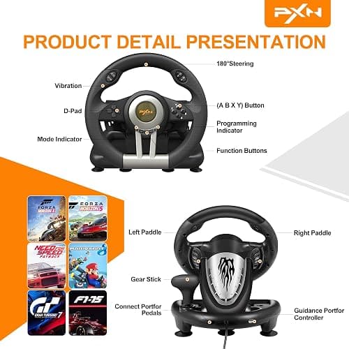 PXN Racing Wheel - Gaming Steering Wheel for PC, V3II 180 Degree Driving Wheel Volante PC Universal Usb Car Racing with Pedal for PS4, PC, PS3,Xbox Series X|S, Xbox One thumbnail 6