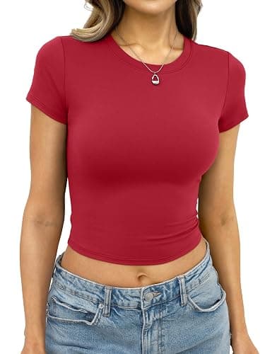 Eachyes Womens Short Sleeve Crop Tops Slim Fitted Crewneck Baby Tee | Buttery-soft & High-stretch Fabric, Summer Basic T Shirts, Y2k Casual, Going Out&Daily Wear, Layer or Wearing Alone, Workout - Image 1