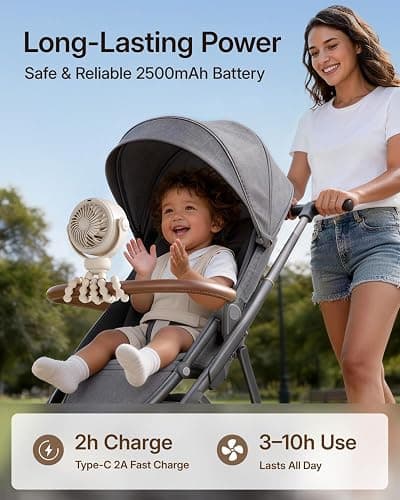 SWEETFULL Portable Stroller Fan, Pinch-Proof Baby Fan, 10H Battery, 5-Speed Quiet Mini Clip on Fan, USB-C Rechargeable with LED Display for Car Seat, Crib & Travel - Cream thumbnail 5