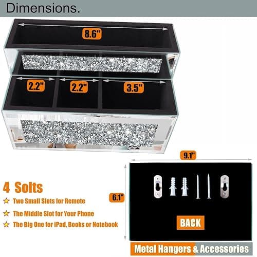 GOTHICO Mirrored Remote Holder, Wall or Tabletop Mounted Crush Diamond Bling Decoration Organizer Storage Caddy for Remote Phone Pad Notebook Makeup Brush,4 Slots in 3 Sizes,9.1"×6.1"×4.8" thumbnail 5
