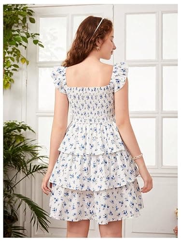 RoseSeek Girl's Floral Summer Dress Ruffle Shirred High Waist Ruched Sweetheart A Line Spring Dress thumbnail 2