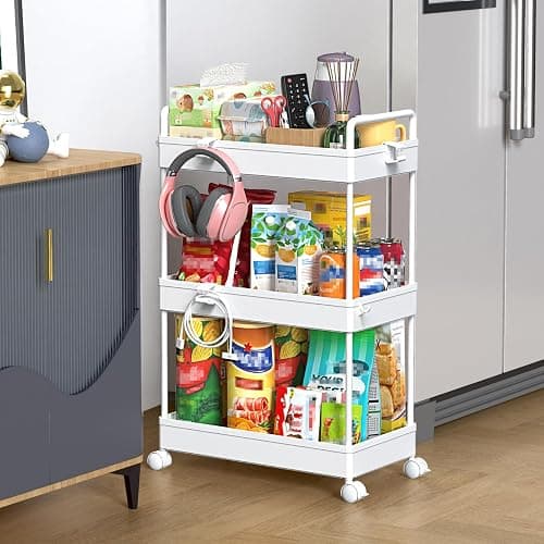SOLEJAZZ 3 Tier Rolling Storage Cart with Wheels Slim Craft Nail Makeup Snack Art Baby Utility Cart Organizer on 2 Lockable Wheels for Bathroom Laundry Room Kitchen Bedside Narrow Spaces, White - Image 1
