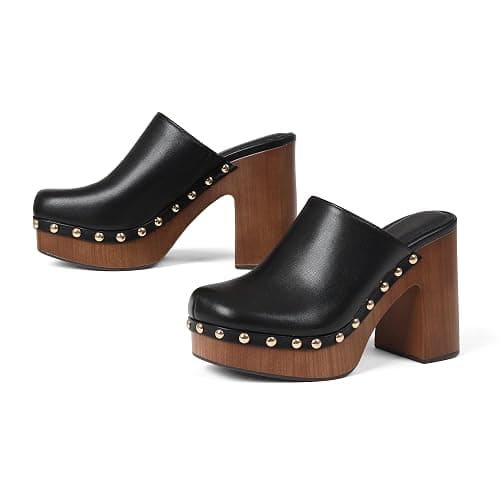 Oiamenne Womens Platform Clogs Mules Chunky High Heeled Sandals Round Toe Slip On Slides Rivet Studded Heels for Women Casual Comfy Shoes thumbnail 7