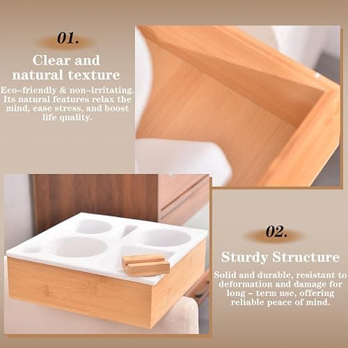 2-in-1 Bamboo Sofa Organizer - Waterproof Couch Tray with 2 Cup Holders (Fits 32oz Bottles), Snack Bowl & Remote Slot - Portable Lap Desk for Bed, RV & Outdoor Use (White) thumbnail 4
