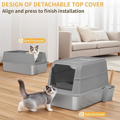 UNZIPE Stainless Steel Litter Box with Lid, XL Extra Large Cat Litter Box, Enclosed Metal Litter Pan with High Sided Enclosure & Scoop, Anti Leakage, Easy to Clean, Odor Control(Grey) thumbnail 8
