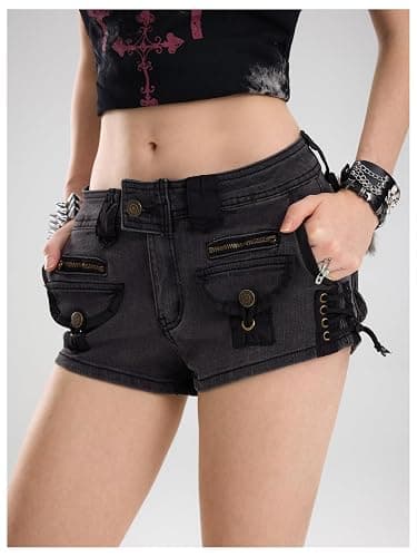 WDIRARA Women's Fuzzy Low Rise Denim Shorts Lace Up Vintage Mini Jean Shorts Streetwear thumbnail 3