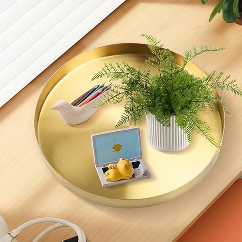 12 Inch Golden Round Platter Tray, Trays for Domestic Purposes, Stainless Steel Serving, Circle Decorative Tray, Vanity Tray for Centerpiece Home Decor thumbnail 2