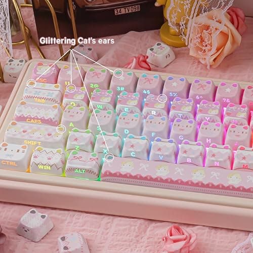 TYRIXKI PBT Keycaps - Pink Meow Meow Keycap, 113 Keys Side Print Shine Through Cute Keycap, Mao Profile Custom Cat Keycaps for 60 65 75 100 Percent Cherry MX Mechanical Keyboard thumbnail 4