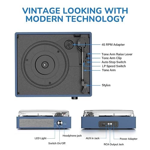 Vinyl Record Player with 2 Stereo Speakers Belt-Driven Vintage Turntables 3 Speed 3 Size Wireless Bluetooth Playback AUX-in RCA Out Headphone LP Vinyl Players Auto Stop Frosted Purple thumbnail 2