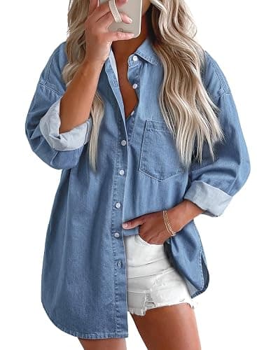 Astylish Women Denim Shirts Button Down Blouse V Neck Casual Tops - Image 1