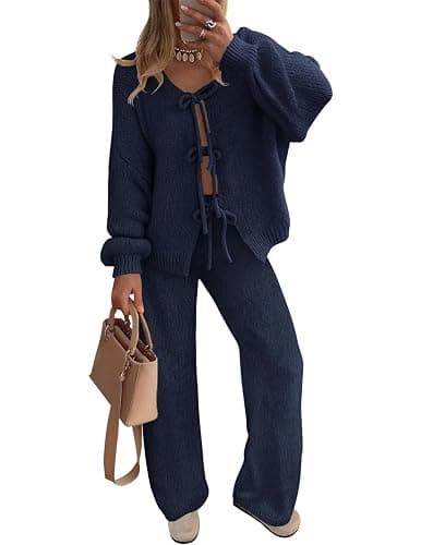 ZESICA Women's 2 Piece Outfits 2026 Fall Lounge Pajama Sets | Long Sleeve Cardigans, Wide Leg Pants, Tie Front, Matching Winter Clothes, Comfy Airport Travel Sweater Outfits - Image 1