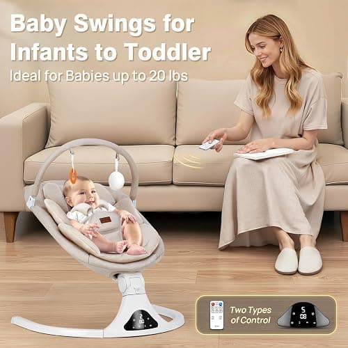 Baby Swing, Electric Infant Swing with Remote Control, 5 Speed Adjustable, Machine Washable Cushion, 5 Point Safety Harness, Bluetooth Music, Portable Baby Swing (Beige) thumbnail 3