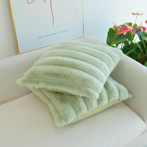 JOJUSIS Pack of 2 Faux Fur Plush Decorative Throw Pillow Covers Couch Cushion Case Soft Fluffy Pillowcases Wide Stripe (Sage Green, 20 x 20 Inch) thumbnail 4