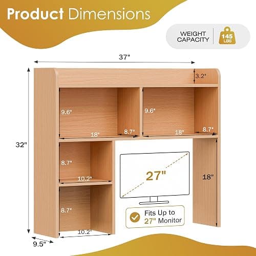 JupiterForce Desktop Bookshelf, Wooden Desktop Hutch Desk Shelf Storage Rack for Home Office, Study, Dorm Room, Multi-Compartment Desktop Organizer (Natural, 4 Shelves) thumbnail 3