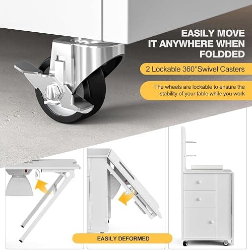 Paddie Foldable Manicure Nail Table with Glass Shelf, Folding Nail Tech Desk w/Dust Collector, 2 Open Shelves & 2 Drawers, Wrist Pad, Lockable Wheels, Storage Desk for Nail Tech（White） thumbnail 7