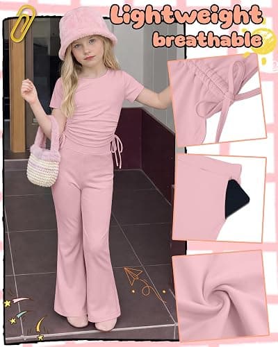Vinsatin Girls' 2 Piece Short Sleeve Outfits | Side Ruched Slim Fit Tops and Flared Pants, Tween Casual Clothes Sets for 5-14Y, Crew Neck Stretchy Shirts, Airplane Outfit thumbnail 5