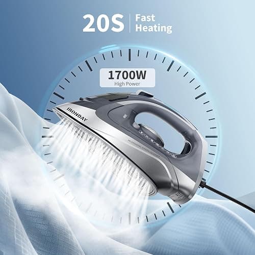 IRONDAY Steam Iron for Clothes Rapid Heating, 1700W Iron Burst of Steam, Non-Stick Ceramic Soleplate, Auto shutoff, Anti-Drip, Self-Cleaning, 10.14oz Water Tank Ironing Clothes for All Fabrics, Grey thumbnail 3