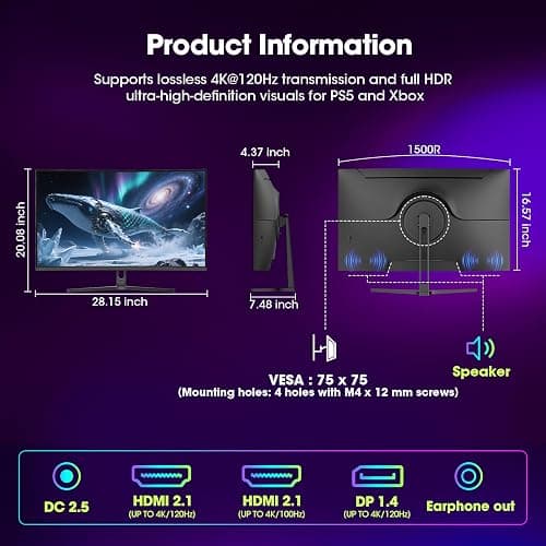 Amzfast 32" 4K 120Hz 1ms Curved Gaming Monitor, 3840x2160 UHD, PIP/PBP, Adaptive Sync, 130% sRGB, 3000:1 Contrast, HDR, 300nits, 1500R, HDMI2.1(VRR)& DP1.4, Built-in Speaker, Eyes Care, VESA Mount thumbnail 9