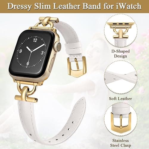 Leather Band Compatible with Apple Watch Bands for Women, Dressy Fancy Strap for iWatch Series 11/10/9/8/7/6/5/4/3/2/1/se(38mm 40mm 41mm 42mm,Starlight/Gold) thumbnail 3