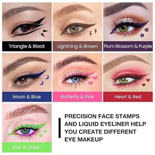 evpct 7Pcs Colored liquid Eye Liners Face Stamp Cosplay Gothic Makeup Set Kit for Beginners, Black Brown Purple Blue Red Pink Green Star Flowers Heart Moon Triangle Lightning Butterfly Stamps Eyeliner thumbnail 2