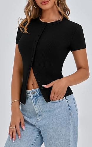 PRETTYGARDEN Women's Short Sleeve Summer Tops 2025 Trendy Ribbed Knit Button Up Tight Basic Tees Shirts Going Out Y2K Clothes thumbnail 4