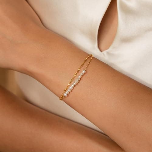 SLOONG Gold Bracelets for Women Trendy, 14K Real Gold Plated Dainty Stackable Pearl Snake Chain CZ Heart Pendant Bracelets, Layered Waterproof Jewelry Gift for Women Adjustable 6"+2" thumbnail 2