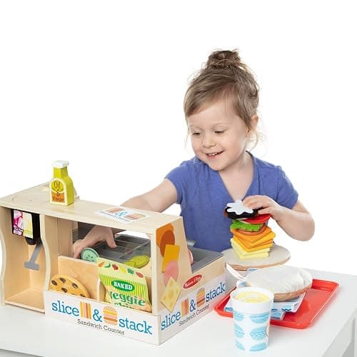Melissa & Doug Slice-Stack-Serve, Wooden Sandwich Counter Pretend Play Store with Play Food Toys, Play Money & Deli Slicer, Preschool Toys for Kids 3+ thumbnail 8