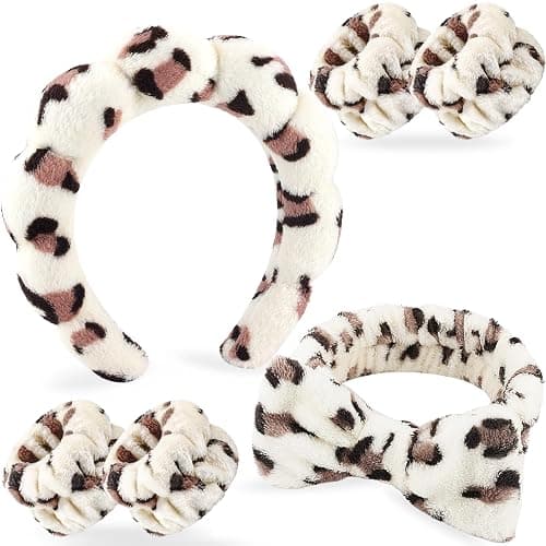 Zkptops 6Pcs Spa Headband for Washing Face Wristbands Set Women Bubble Makeup Sponge Plush Padded Puffy Skincare Headband Bow Tie Hairband Cute Non Slip Thick Hair Accessory Gifts(Beige Leopard) - Image 1