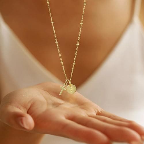 Turandoss Cross Initial Necklaces for Women Teen Girls, Dainty 14K Gold Plated Disc Initial A-Z Cross Pendant Necklace Trendy Faith Jewelry Birthday Valentines Easter Gifts for Women Girls thumbnail 5