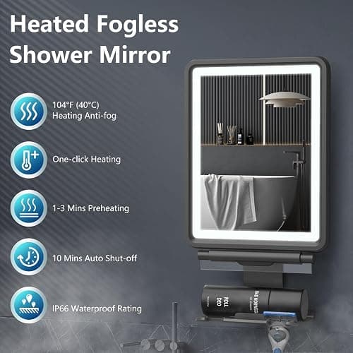 Heated Shower Mirror Fogless for Shaving, 3 Colors Stepless Dimmable Lights Fogless Mirror for Shower, Rechargeable Anti Fog Shaving Mirror for Shower with Razor Holder for Men, Light Memory Function thumbnail 2