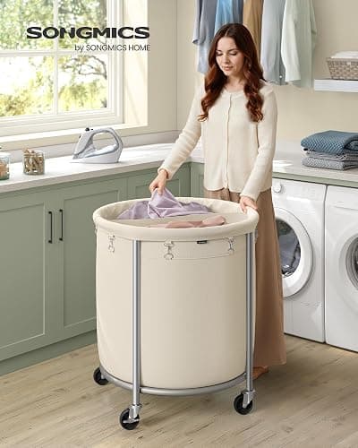 SONGMICS 63.5-Gallon (240 L) Laundry Basket with Wheels, Rolling Round Heavy-Duty Laundry Hamper Cart with Steel Frame and Removable Bag, 2 Locking Wheels, Cream White and Metallic Silver URLS012W01 thumbnail 2