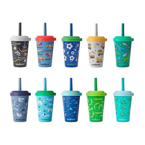 REDUCE GoGo's Kids Portable Tumbler Cups with Lids and Spill-Proof Straws - 10 Pack of Stackable 12 oz Tumblers with Twist-On Lids - Easy Storage, Dishwasher Safe - Club House - Image 1