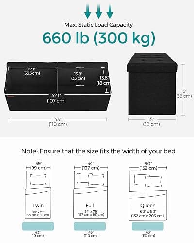 SONGMICS MAZIE Collection - 43 Inches Folding Storage Ottoman Bench, Ottoman Foot Rest, End of Bed Bench, Storage Chest, Load 660 lb, for Living Room, Bedroom, Entryway, Ink Black ULSF077B01 thumbnail 2