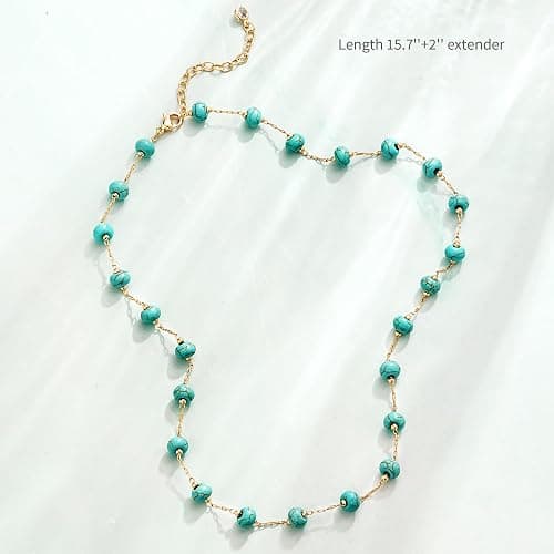 LADYGD Created Turquoise Beaded Choker Necklace for Women | 14K Gold Or Silver Plated Brass, Multiple Stone Shapes, 15-15.7 in Plus 2 in Extender, Summer Western Styling thumbnail 5