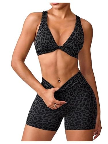 BEAUDRM Women's 2 Piece Leopard Print Athletic Outfits Criss Cross Sports Bra and Biker Shorts Gym Tracksuits - Image 1