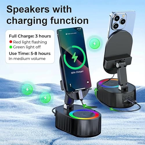 AKLLCCR Wireless Induction Audio Bluetooth Speaker 5in1 Phone Holder Emergency Rechargeable (3000mAh) with Colorful Ambient Light 300° Foldable for Tablet iPhone Android, Gifts for Men Women (Black) thumbnail 4