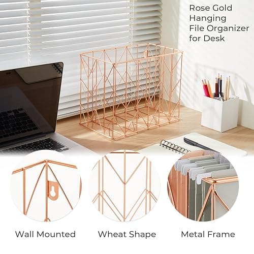 Y YOMA Hanging File Organizer, Letter Size Rose Gold Metal Desk File Crate Storage Basket for Home Office, 1 Pack, with Coco Mocha Standard + Extra Capacity Hanging Folder Set thumbnail 4