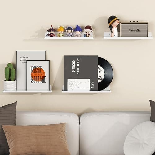 Lifewit Floating Shelves for Wall, 4 Pack White Plastic Shelf 38.1cm Room Decor for Bookcase/Vinyl Record Display/Photo/Picture in Bedroom, Living Room, Bathroom, Kitchen Storage and Organization thumbnail 2