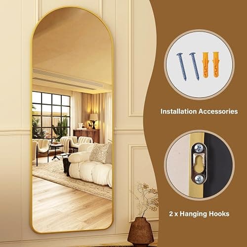 HARRITPURE 64"x21" Arched Full Length Mirror Floor Mirrors with Aluminum Alloy Frame Free-Standing Wall Mounted or Leaning Large Bedroom Dressing Mirror Modern & Contemporary Decor for Home,Gold thumbnail 6