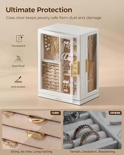 Glimmloop 360° Rotating Jewelry Box with 7 Drawers, Spacious Vertical Jewelry Organizer with Glass Window, Jewelry Storage Case, Dustproof & Moisture-resistant Design, White thumbnail 4