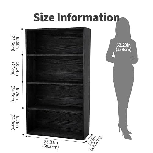 POMILER 4-Tier Bookcase with Adjustable Shelves, MDF, Black, Anti-Tip, for Home and Office Storage, 9.2x23.8x42 Inch thumbnail 2