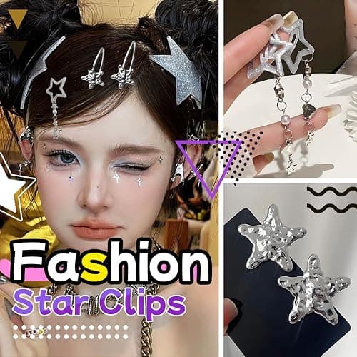22 Pcs Silver Hair Clips Metal Star Barrettes, 13 Shapes Hairpin Barrettes, Goth Hair Pins Set, Punk 2000s Hair Accessories for Women and Girls Styling Star Hairpin (22 PCS) thumbnail 4