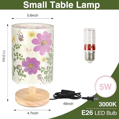 Floresita Dried Flowers Small Table Lamp 5W LED 3-Color Bedside Lamp Pressed Flowers Lampshade with Wood Base for Bedroom Living Room Desk Nursery thumbnail 5